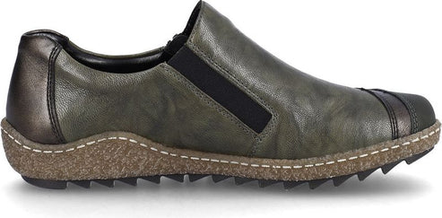 A side view of a dark green slip-on shoe with a thick, textured sole.