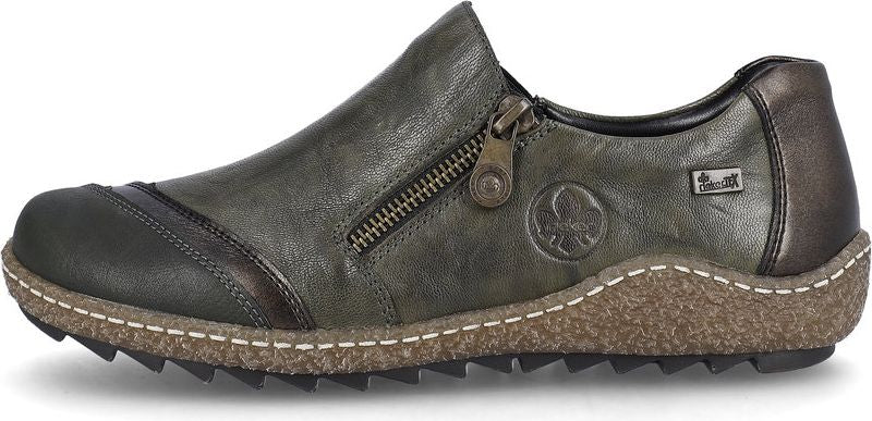 A dark green leather casual shoe with a side zipper and a lug sole.