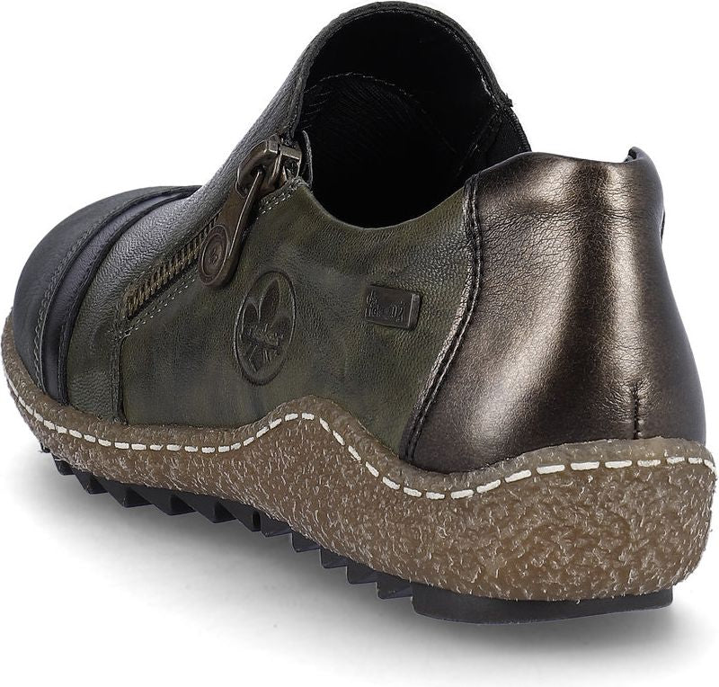 Green casual shoe with a side zipper and a lug sole.