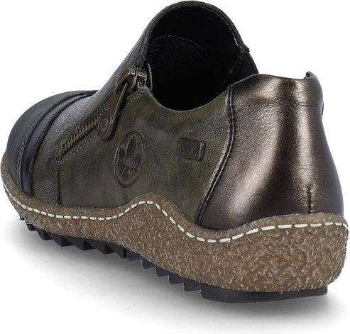 Green casual shoe with a side zipper and a lug sole.