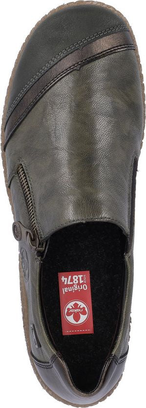 Slip-on shoe with zipper detail.