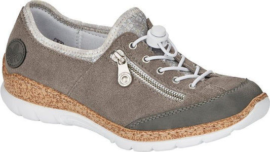 Gray casual walking shoe with white sole, zipper detail, and toggle closure.