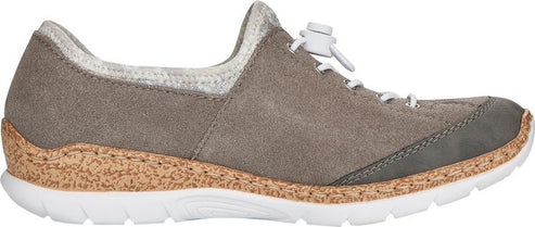 A gray suede slip-on shoe with white laces and a cork midsole.