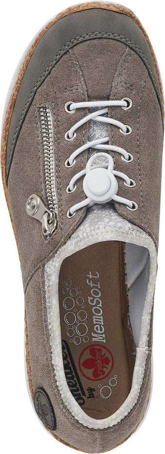 A close-up of a gray, suede shoe with white laces and a side zipper.