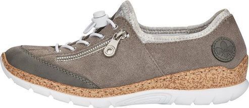 Gray slip-on sneaker with white laces and zipper.