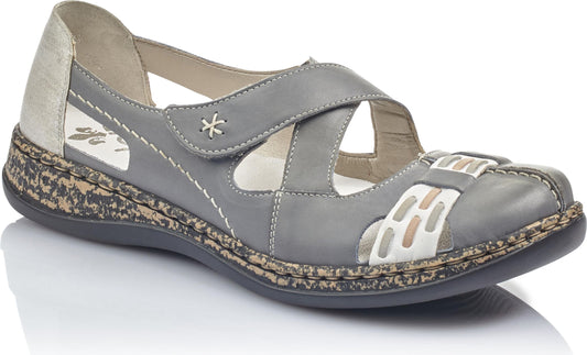 Gray women's sandal with open toe, criss-cross straps, and decorative stitching on a speckled sole.