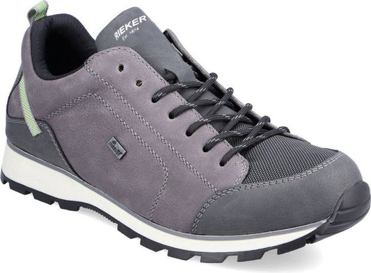 Gray athletic shoe with black laces and white sole.