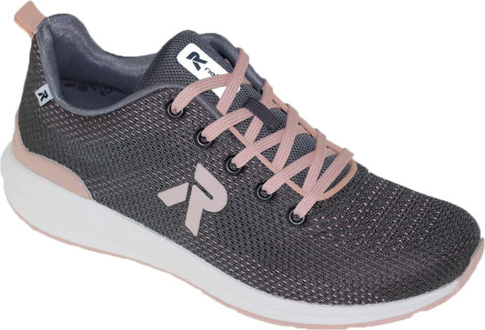 Dark grey running shoe with pink laces and a white sole.