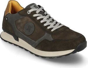 A brown suede athletic shoe with gray laces and a light tan sole.