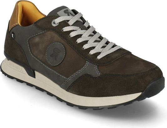 A brown suede athletic shoe with gray laces and a light tan sole.