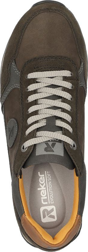 Top-down view of a lace-up sneaker, showcasing the laces, tongue with the letter "R", and insole with the text "Rieker Evolution Soft".