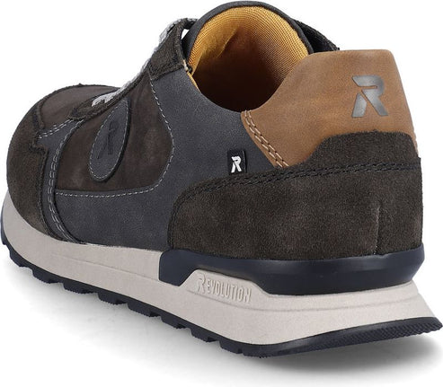 Low-profile sneaker in shades of gray and brown with a thick, flat, beige and black sole.