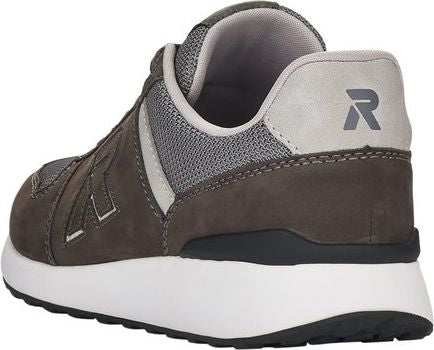 Rear view of a gray sneaker with a white sole, mesh padding, and a gray 'R' logo.