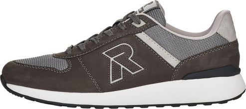 A brown sneaker with gray accents and a white sole.