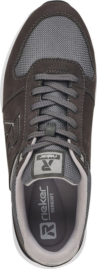 A top-down view of a gray shoe with a lace-up closure. The shoe has a mesh upper and a logo on the tongue.
