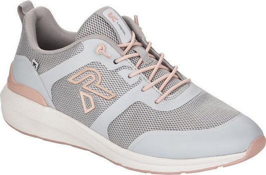 Gray lightweight sneaker with mesh and light pink details.