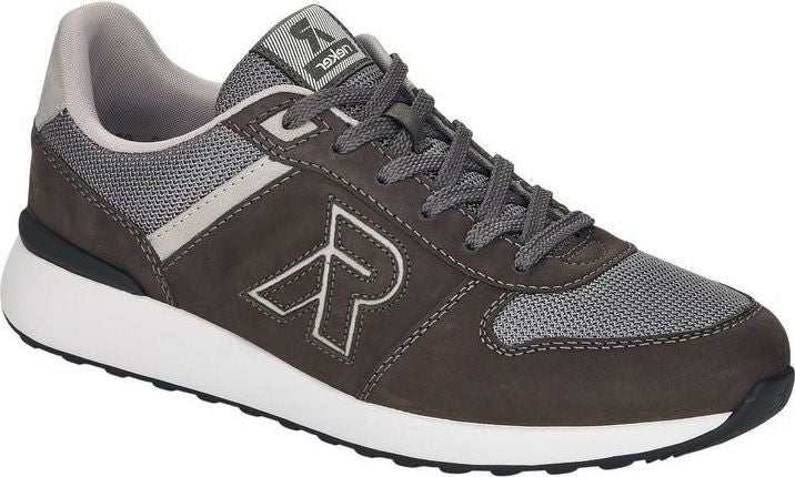 A gray and brown sneaker with a white sole and laces.