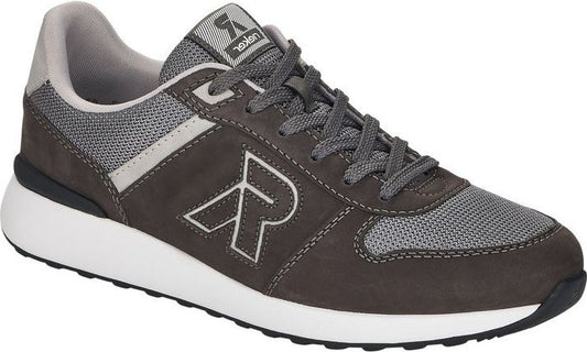 A gray and brown sneaker with a white sole and laces.