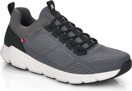 Gray mesh athletic shoe with a white sole and black laces.
