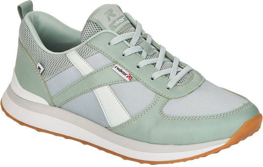 Light green sneaker with white accents and gum sole.