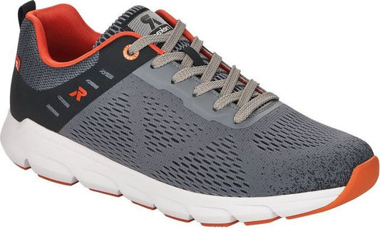Gray and black athletic shoe with orange lining, white sole and gray laces.