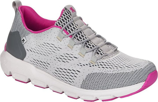 A gray and white athletic shoe with magenta interior and accents.