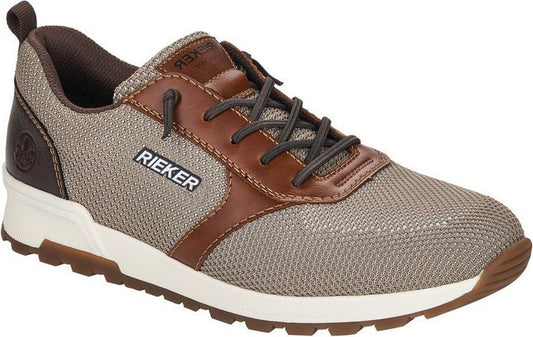 Casual sneaker with taupe-colored mesh fabric, brown leather accents, white midsole, brown outsole, and the word 'RIEKER' on the side.