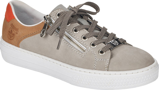 A grey sneaker with an orange and tan heel patch, white sole, laces and a decorative zipper.