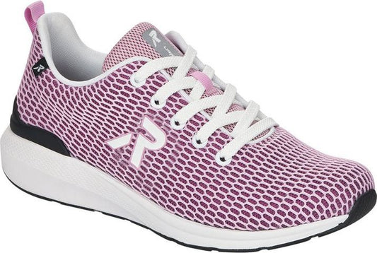 A pink and white athletic shoe with white laces and the letter R on the side.