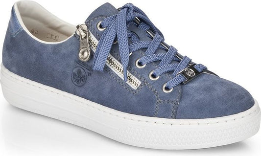 Blue suede sneaker with white sole, blue laces, and decorative side zipper.