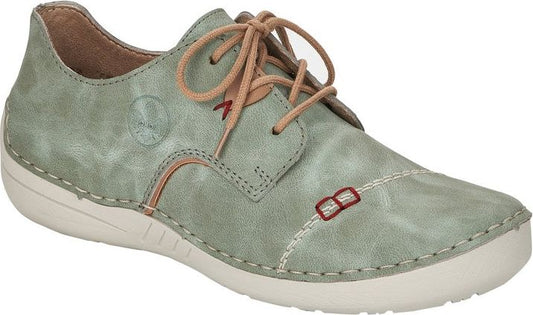 Light green leather shoe with tan laces and white soles.