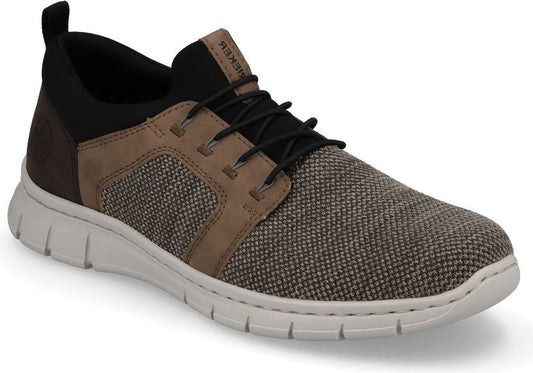 Low profile, light brown casual shoe with black laces, black collar and heel counter, and white outsole.