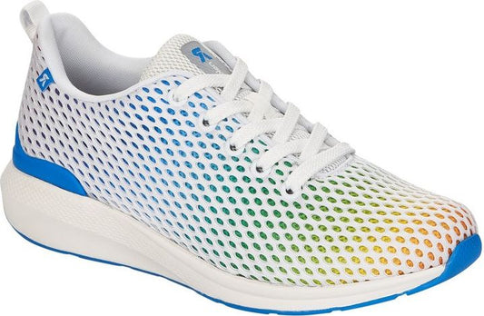 White running shoe with multicolored gradient and white laces.