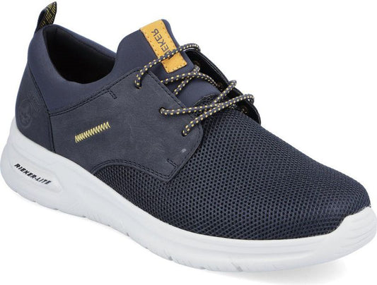 Navy blue mesh sneaker with white sole and patterned laces.