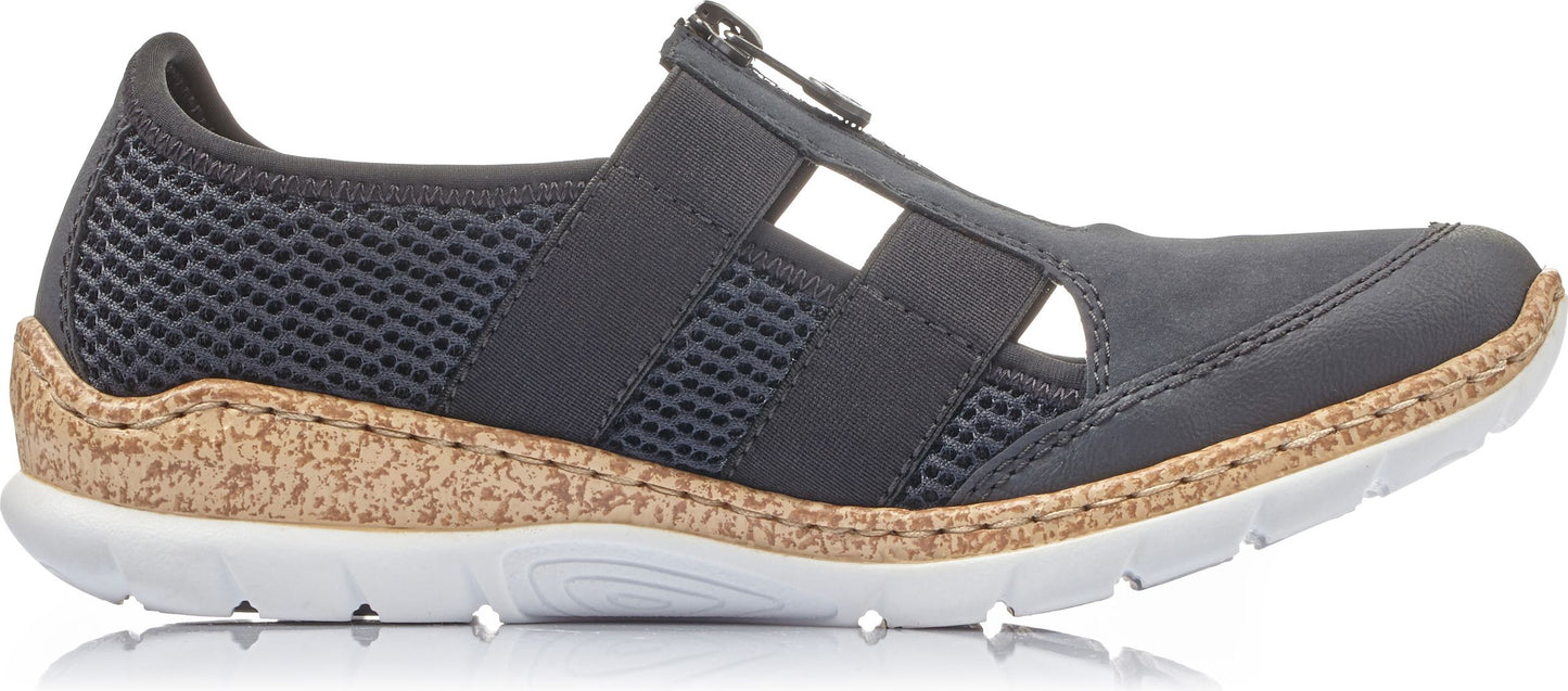 A gray shoe with a white sole and a brown accent above the sole.