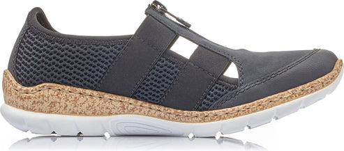 A gray shoe with a white sole and a brown accent above the sole.