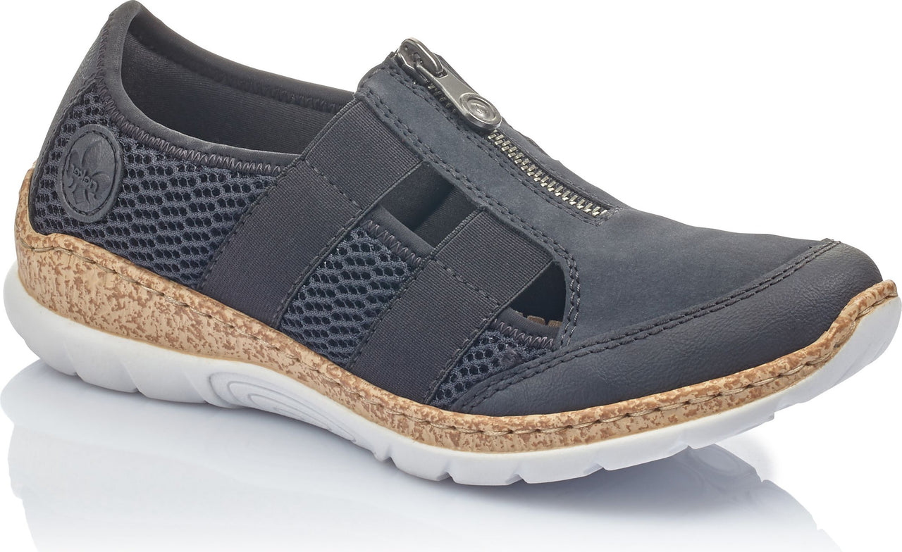 Low cut, dark blue casual shoe with a cork wedge sole, white tread, black netting on the sides, and a zipper on top.