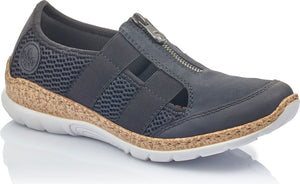 Low cut, dark blue casual shoe with a cork wedge sole, white tread, black netting on the sides, and a zipper on top.