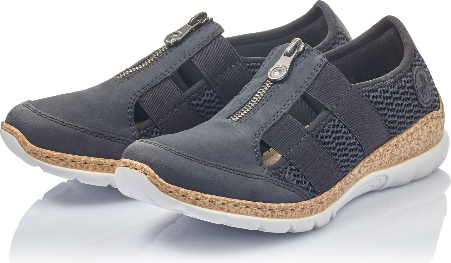 Pair of navy blue women's slip-on shoes with a front zipper and white soles.
