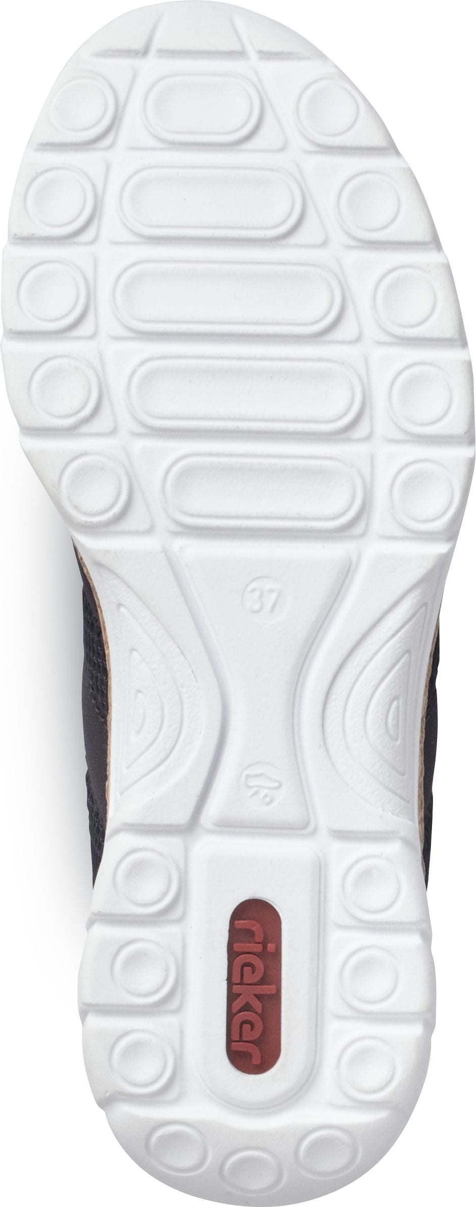 The sole of a shoe, featuring a white tread pattern with rows of oval and circular shapes, and a rectangular logo in the heel.