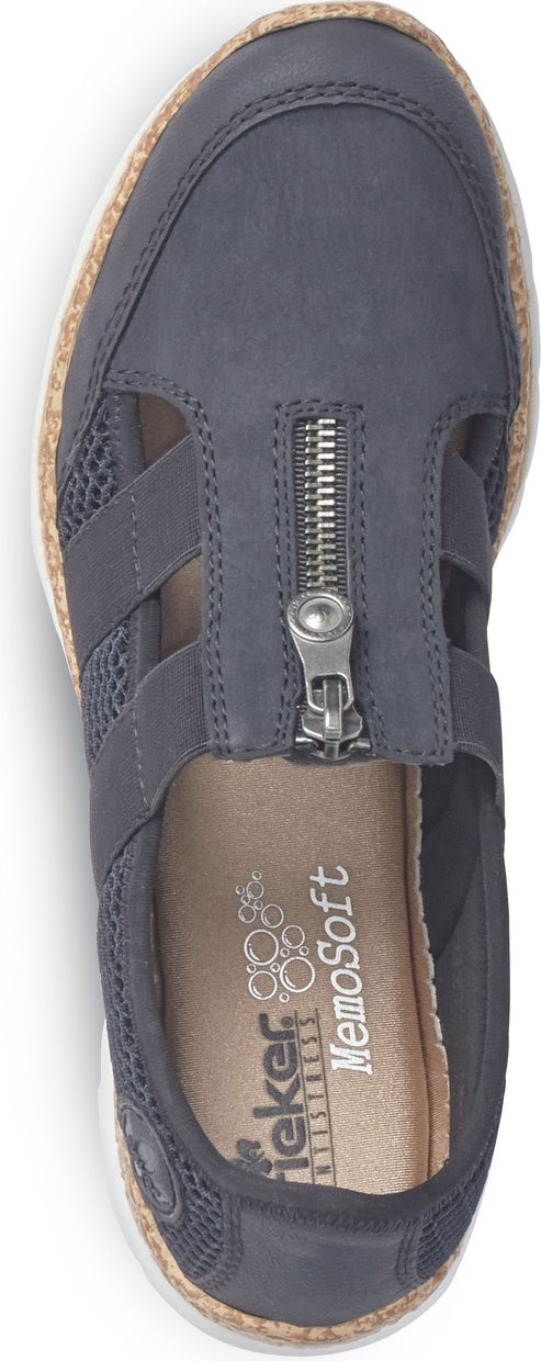 Blue shoe with zipper and elastic straps.