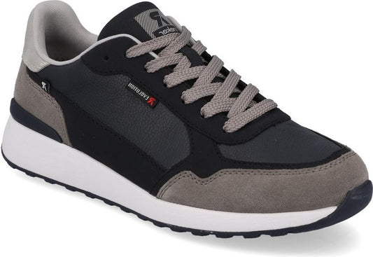 Low-top sneaker with gray laces, a gray, black, and blue upper, and a white sole.