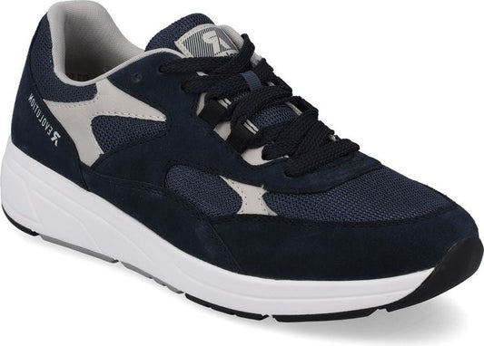 Navy blue athletic shoe with black laces and white sole.