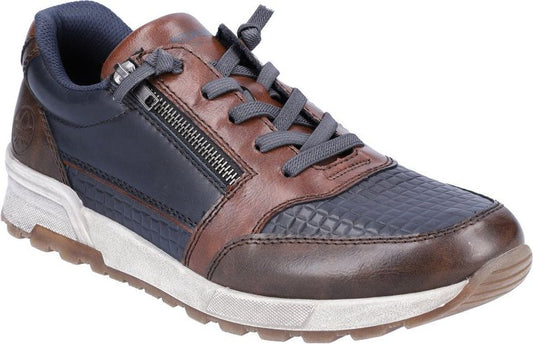 Brown and blue low-top sneaker with a zipper and laces.