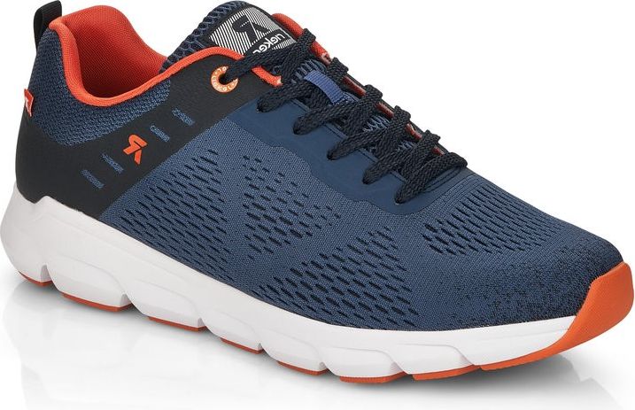 Blue running shoe with orange lining, white sole, and grid pattern.