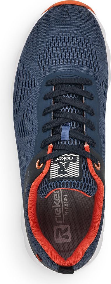 A top-down view of a blue running shoe with a orange interior trim and dark-colored laces.
