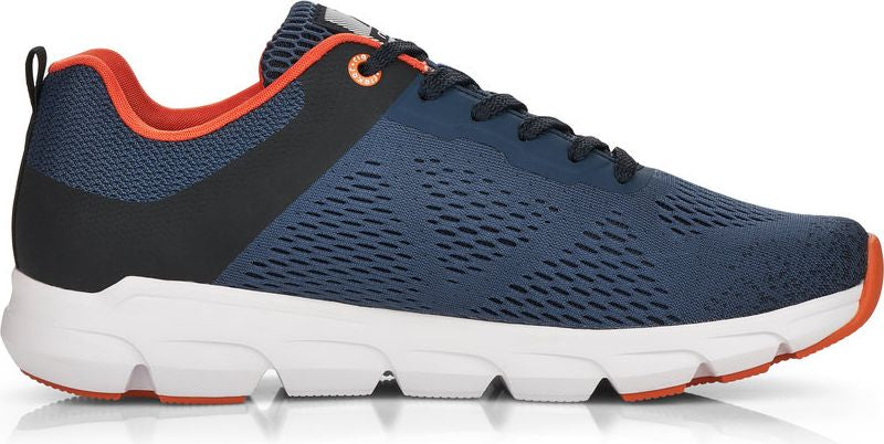 A side view of a navy blue running shoe with an orange interior lining, a white textured sole, and dark blue laces.