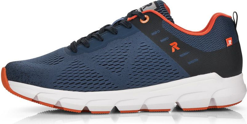 Blue and orange athletic shoe with white sole.