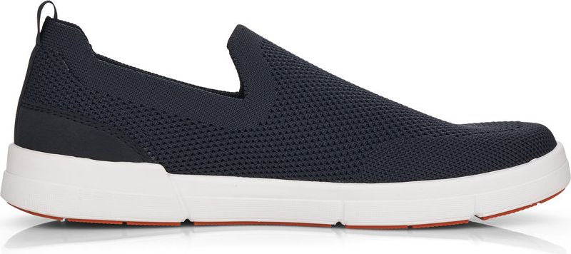 A navy-blue knitted slip-on shoe with a white sole.