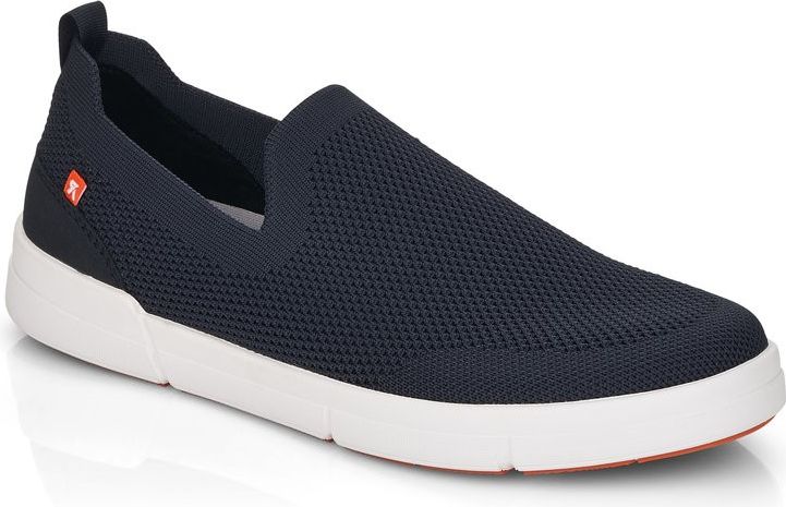 Slip-on navy blue knit shoe with white sole and red logo.